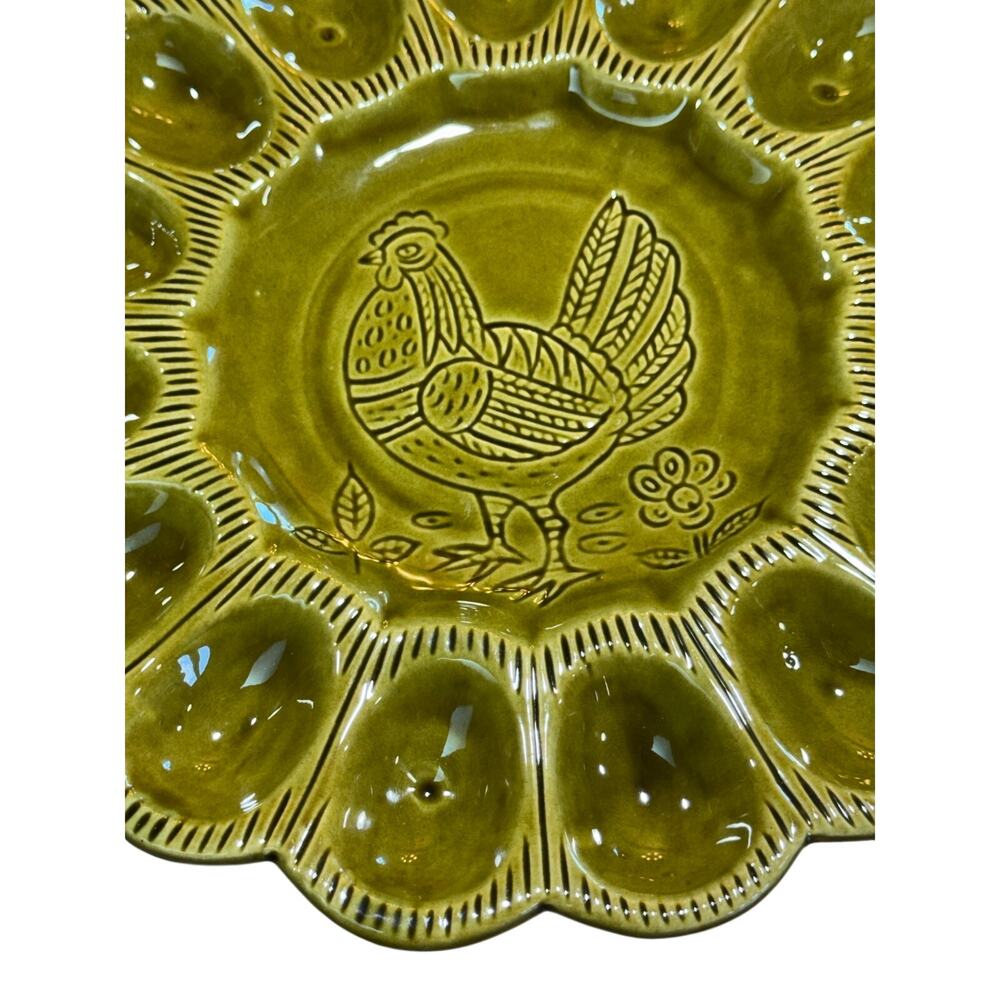 Vintage CALIF USA S 29 Deviled Egg Platter Avocado Green Chicken Folk Art - Picture 4 of 11